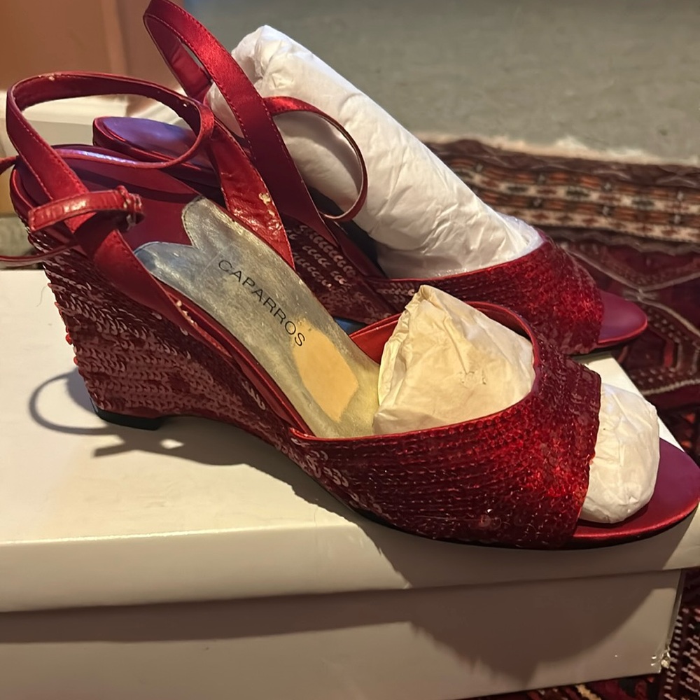 Red Silk Sequin Strappy Peep Toe Wedge Sandal
